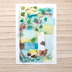 3枚セット「猫たち、森の中でかくれんぼ」水彩画イラストポストカード　ネコ　ねこ　 1枚目の画像