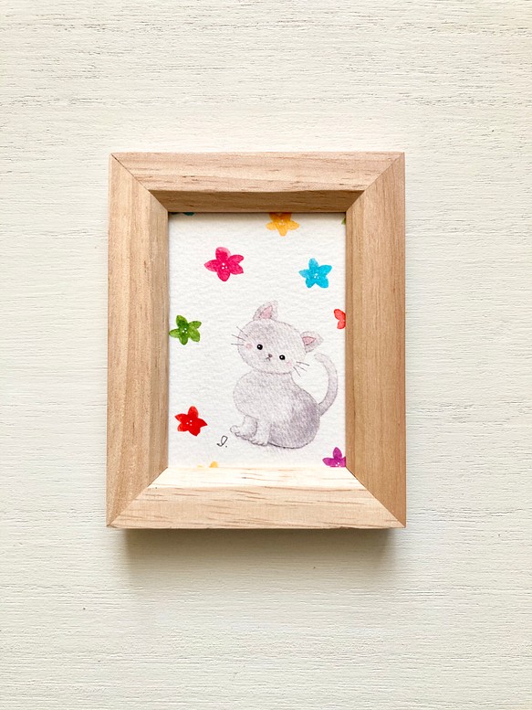 「お花と猫ちゃん」水彩画イラスト　ミニ額　ネコ　ねこ　母の日ギフト　プチギフト  花 1枚目の画像