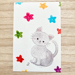 3枚セット「お花と猫ちゃん」水彩画イラストポストカード　ネコ　ねこ　母の日　母の日カード　バースデーカード　 1枚目の画像
