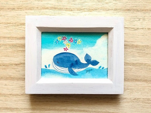 のんびりクジラ 水彩画イラスト ミニ額 くじら 海 プチギフト 母の日 父の日