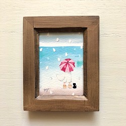「海を見ていた雨の日」水彩画イラスト　ミニ額　プチギフト  母の日　父の日　猫　ネコ　傘 1枚目の画像