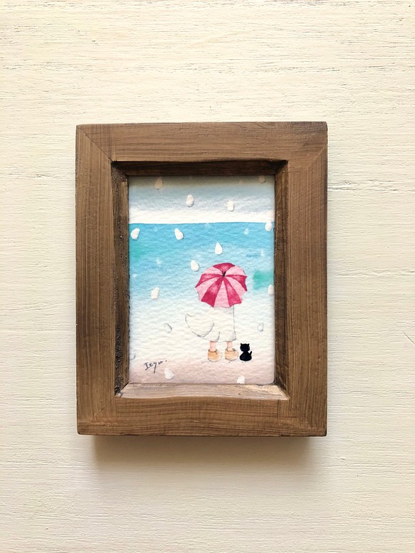 「海を見ていた雨の日」水彩画イラスト　ミニ額　プチギフト  母の日　父の日　猫　ネコ　傘 1枚目の画像