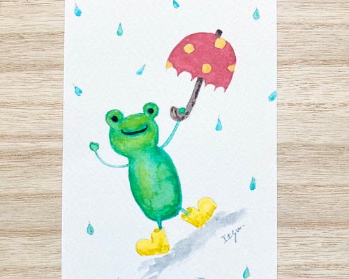 3枚セット 雨大好きカエルくん 水彩画イラストポストカード 梅雨 かえる メッセージカード 傘 カード レター Marron125 通販 Creema クリーマ ハンドメイド 手作り クラフト作品の販売サイト