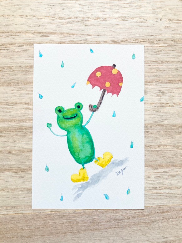 3枚セット 雨大好きカエルくん 水彩画イラストポストカード 梅雨 かえる メッセージカード 傘