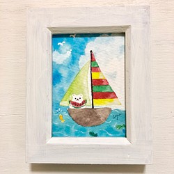 「ヨットで涼むしろくまくん」水彩画イラスト　ミニ額　クマ　暑中見舞い　プチギフト  父の日 1枚目の画像