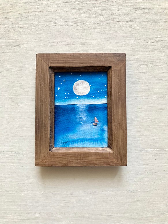 満月の夜の海 北欧水彩画イラスト ミニ額 月 送料無料カード決済可能 星空 ヨット 星