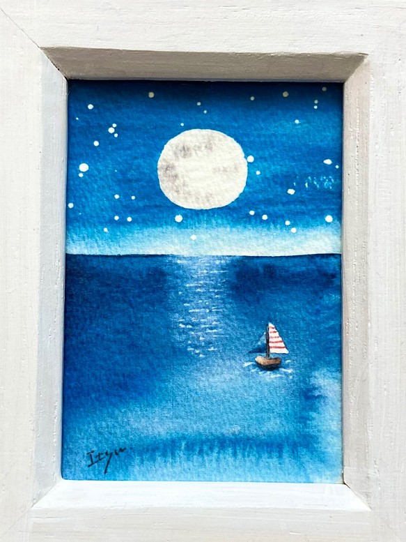 満月の夜の海 北欧水彩画イラスト ミニ額 月 送料無料カード決済可能 星空 ヨット 星