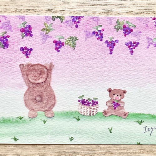 3枚セット クマ親子のぶどう狩り 水彩画イラストポストカード 秋 ブドウ メッセージカード 敬老の日 くま カード レター Marron125 通販 Creema クリーマ ハンドメイド 手作り クラフト作品の販売サイト