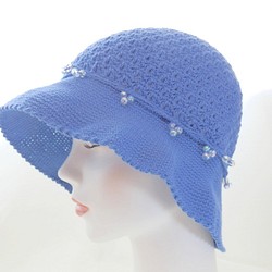かぎ針編み シャボン玉ビーズ　帽子〈青色〉クールな乙女 1枚目の画像