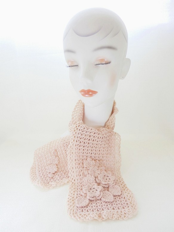 かぎ針編み お花のコットンストール〈ピンクラメ色〉ガーリーな乙女 1枚目の画像