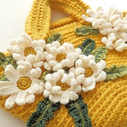 かぎ針編み　花籠ニットバッグ　(マーガレット)　からし色 1枚目の画像