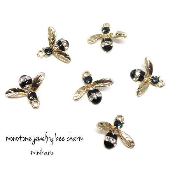6pcs) monotone jewelry bee charm 蜂 昆虫 チャーム モノトーン 黒 1枚目の画像