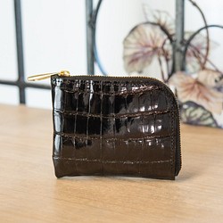 【永久無料保証】シンガポールのヘンローン社　シャイニークロコダイル　ブラック　コンパクト財布-L字ファスナー 1枚目の画像