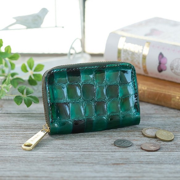 [永久免費保修] 像珠寶一樣透明 ☆ 彩色玻璃皮革 深綠色硬幣盒 零錢包 第1張的照片