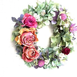 アンティークローズと紫陽花のリース 1枚目の画像