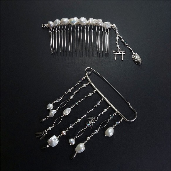 [K-order items]設置天然珍珠的配件/裝飾梳子，長別針，可在降低鳥居和稻荷的兩種情況下使用 第1張的照片