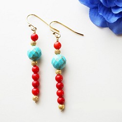 松石＆珊瑚 刺穿 Turquoise&Coral earrings P0027 第1張的照片