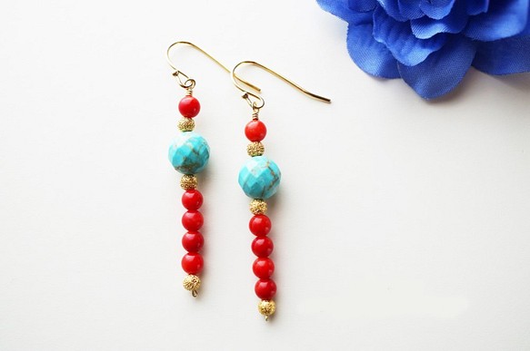 松石＆珊瑚 刺穿 Turquoise&Coral earrings P0027 第1張的照片
