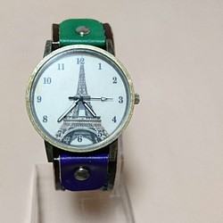 【手染め・手縫い】バイカラー腕時計green×purple 1枚目の画像