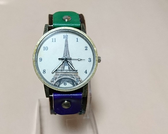 【手染め・手縫い】バイカラー腕時計green×purple 1枚目の画像