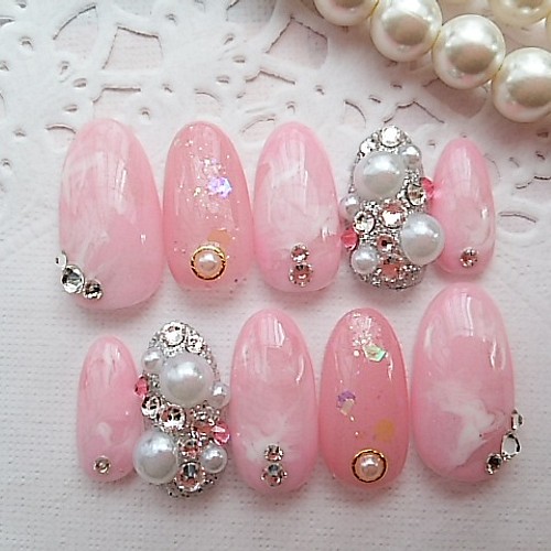 pink marble♡スワロフスキージェルnail ネイルチップ（つけ爪） Sora ...