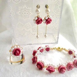 玫瑰珍珠珍珠飾品3件套☆呼吸耳環☆ 第1張的照片