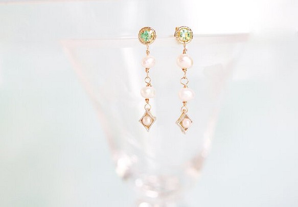 18K Emerald & Pearl Stud Earrings - 中世ヨーロピアンスタイルピアス 1枚目の画像