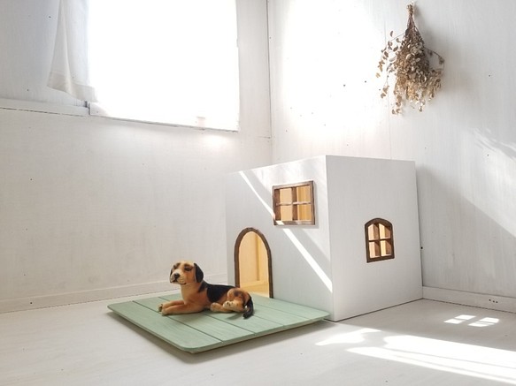 手作りの可愛い犬小屋　ウッドデッキにもなる屋根付き　オーダー可能　ミントグリーン　ドッグハウス　キャットハウス