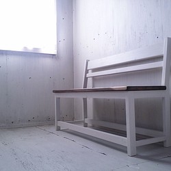 無垢ヒノキで造る家具　アンティーク風　背もたれ付ベンチチェア　オーダー可　カフェ風インテリア　店舗什器　ベンチ　　　　　 1枚目の画像