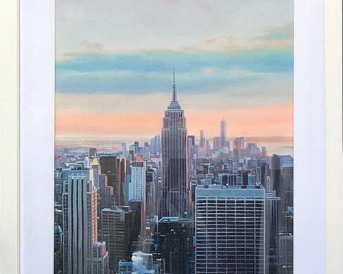 油絵 風景画『ニューヨーク、マンハッタンの朝焼け』Eathan作 肉筆１点 