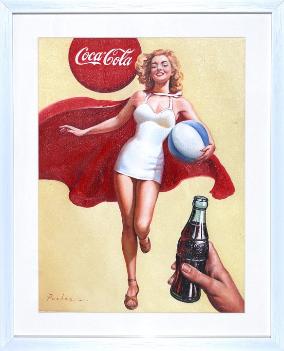 精密油彩 油絵 人物画『コカ・コーラ 2』Parker作 肉筆 アクリル板付