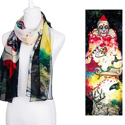 香港のアーティスト 芸術的手描きのピエロ 100％純粋なシルクシ長いスカーフ 1枚目の画像