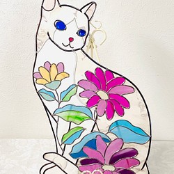 受注発注、37㎝グラスアート青い目白猫、ステンドグラスのような美しさ,アクリル板、キラキラインテリアに,ga002 1枚目の画像