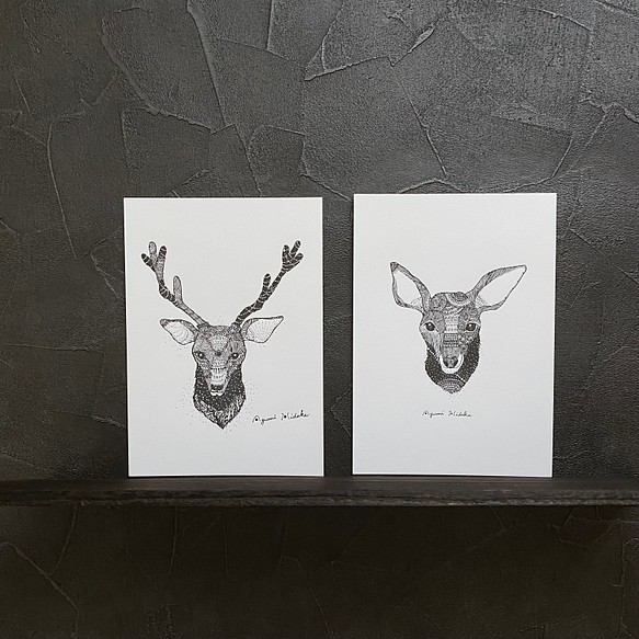 (額なし) 活版印刷ペアポスター『雪の鹿 (牡・雌セット)』 A5 1枚目の画像