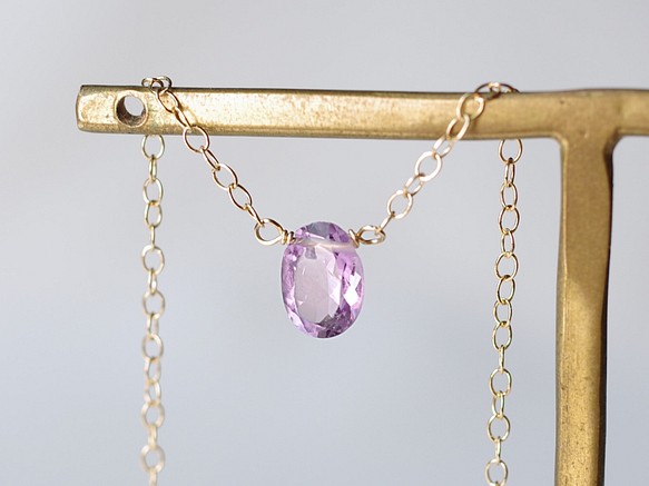 一條橢圓形的珠寶玫瑰紫水晶項鍊☆14KGF 第1張的照片