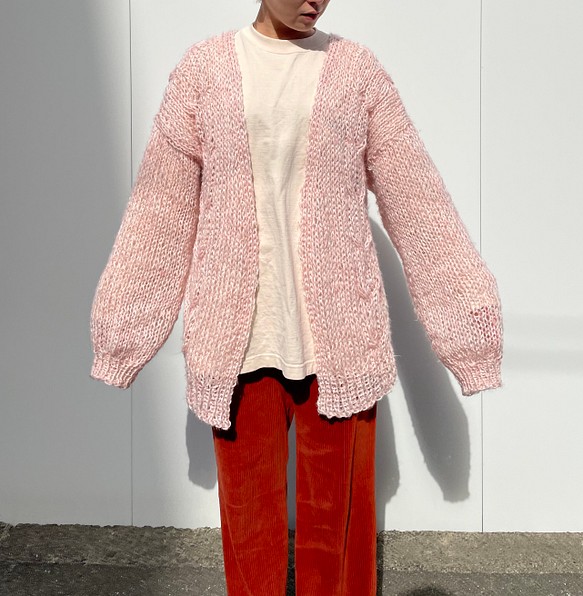 SALE! ペールピンクのざっくり編みモヘアカーディガン 1枚目の画像