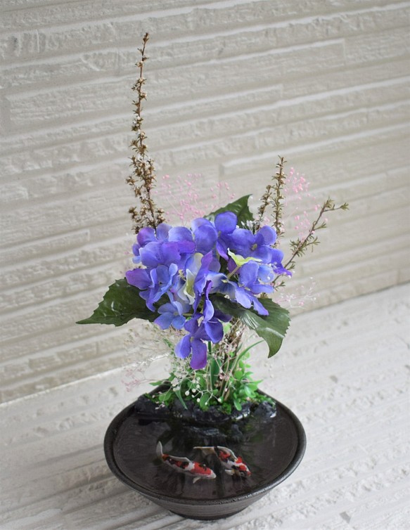 置物 紫陽花　アジサイ2　水辺の風景　錦鯉　インテリア雑貨　和雑貨　植物雑貨 1枚目の画像