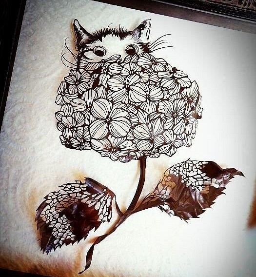 猫と紫陽花 オリジナル切り絵 額装 切り絵 切り絵 東京ノート Tokyonote 通販 Creema クリーマ ハンドメイド 手作り クラフト作品の販売サイト