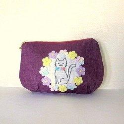 花貓刺繡小袋*紫羅蘭色A 第1張的照片