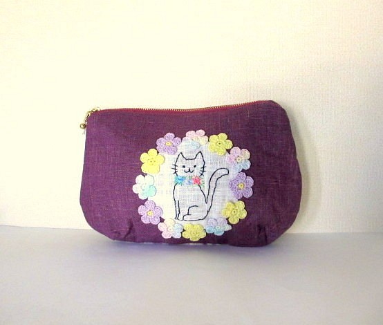 花貓刺繡小袋*紫羅蘭色A 第1張的照片