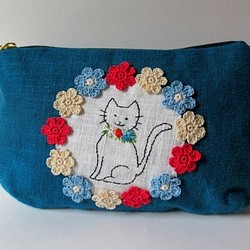 花花和貓咪亞麻材質萬用包＊土耳其藍C 第1張的照片