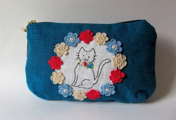 花花和貓咪亞麻材質萬用包＊土耳其藍C 第1張的照片