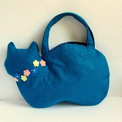 スラブリネン お花の猫バッグ ターコイズブルーC 1枚目の画像