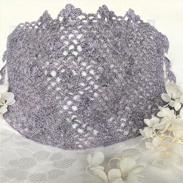 ❀手編みマスクカバー　ラベンダー色　　小花模様　麻１００%　繊細レース編み　 1枚目の画像