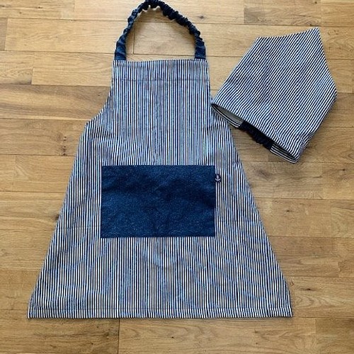 キッズエプロン・三角巾、140~150サイズ・ヒッコリー紺×デニム・BOYS 