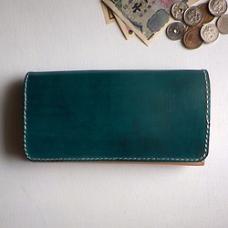 手染め・革長財布・レザーロングウォレット leatherlong wallet 【エメラルドブルー】 1枚目の画像