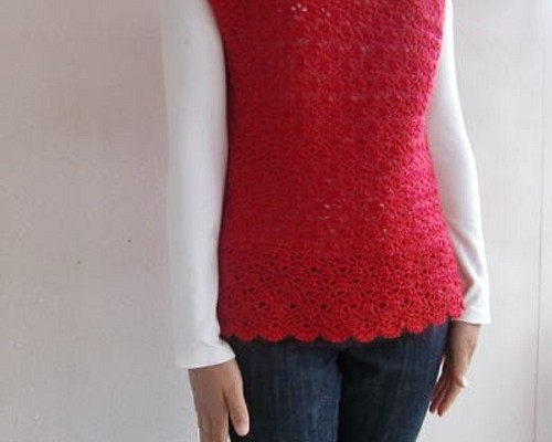 真っ赤な極細モヘアかぎ針編みベスト ニット・セーター ひとはり 