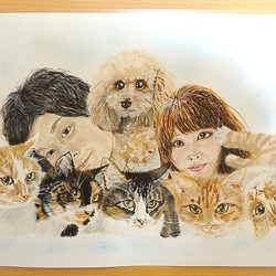 似顔絵　家族　ペット　猫　犬　描きます　（A3サイズ） 1枚目の画像