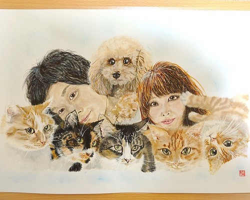 似顔絵 家族 ペット 猫 犬 描きます （A3サイズ） 絵画 りんりんPOP