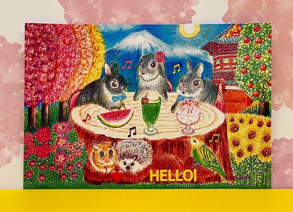 [うさぎ達のデザートパーティー]ハリネズミくん、ハムスターくん、インコちゃんと一緒同柄ポストカード3枚セット 1枚目の画像